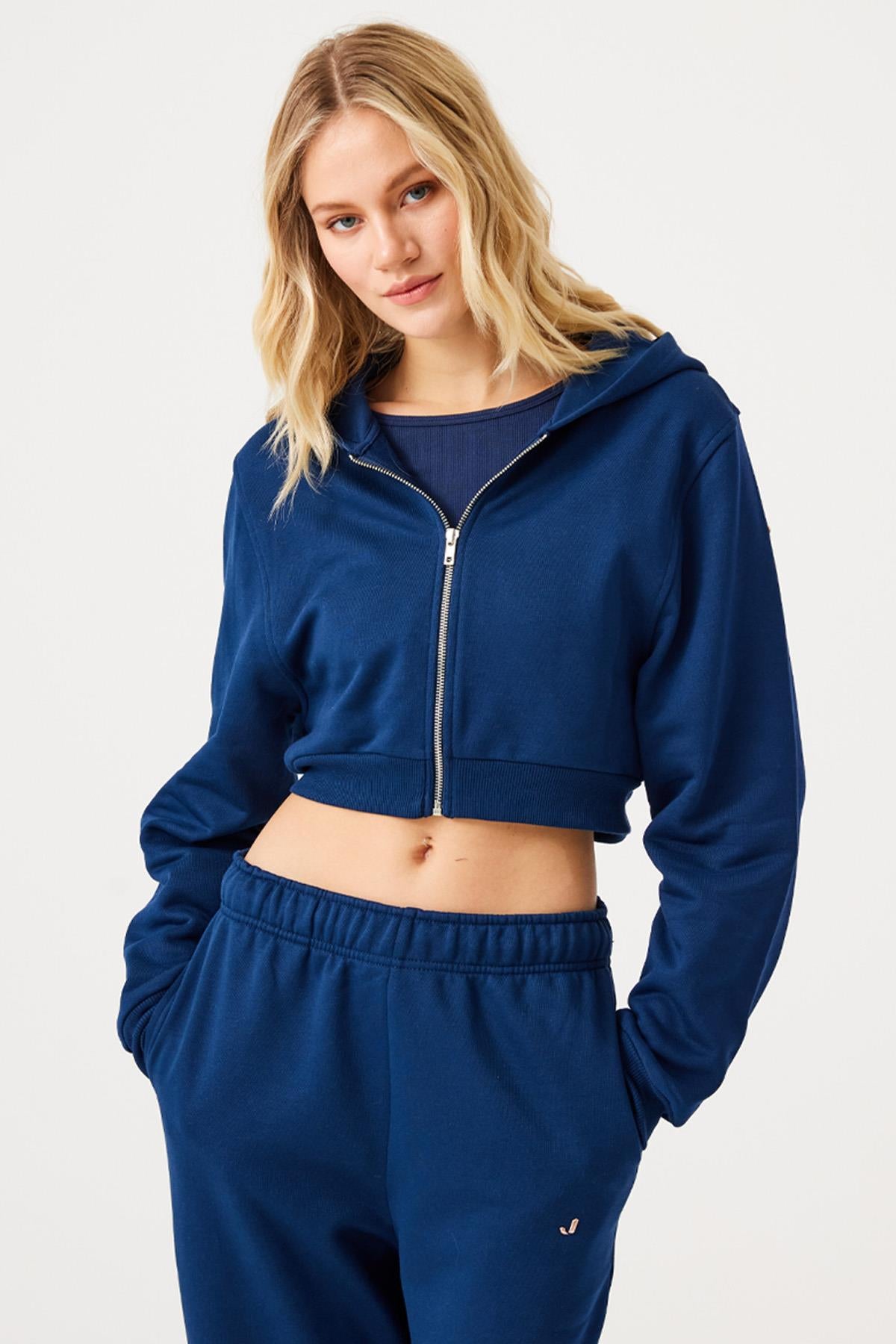 Aura Fermuarlı Crop Hoodie Lacivert