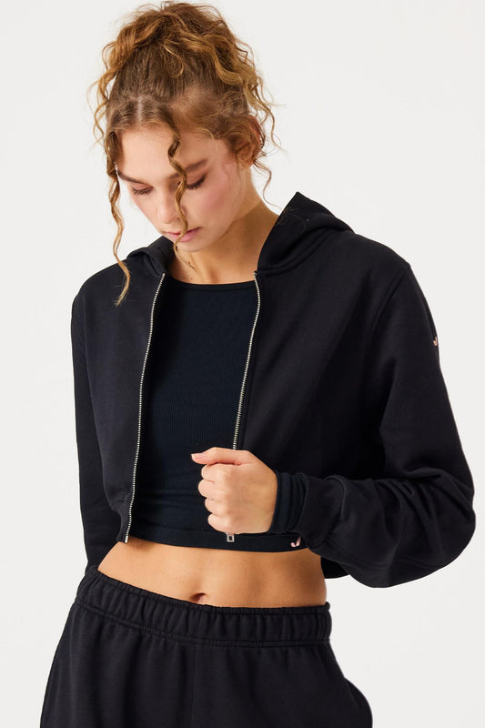 Aura Fermuarlı Crop Hoodie Siyah